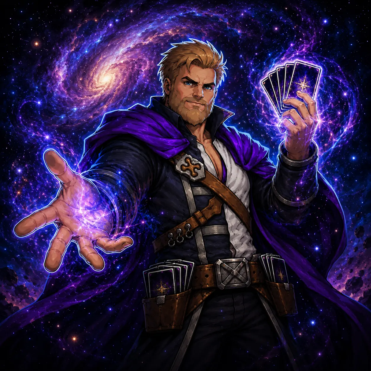 BKCC mascot — The Galaxy Ripper, holding glowing cards against a swirling galaxy