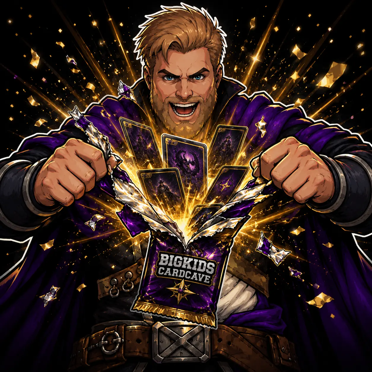 BKCC mascot — The Pack Ripper, tearing open a pack with cards exploding out