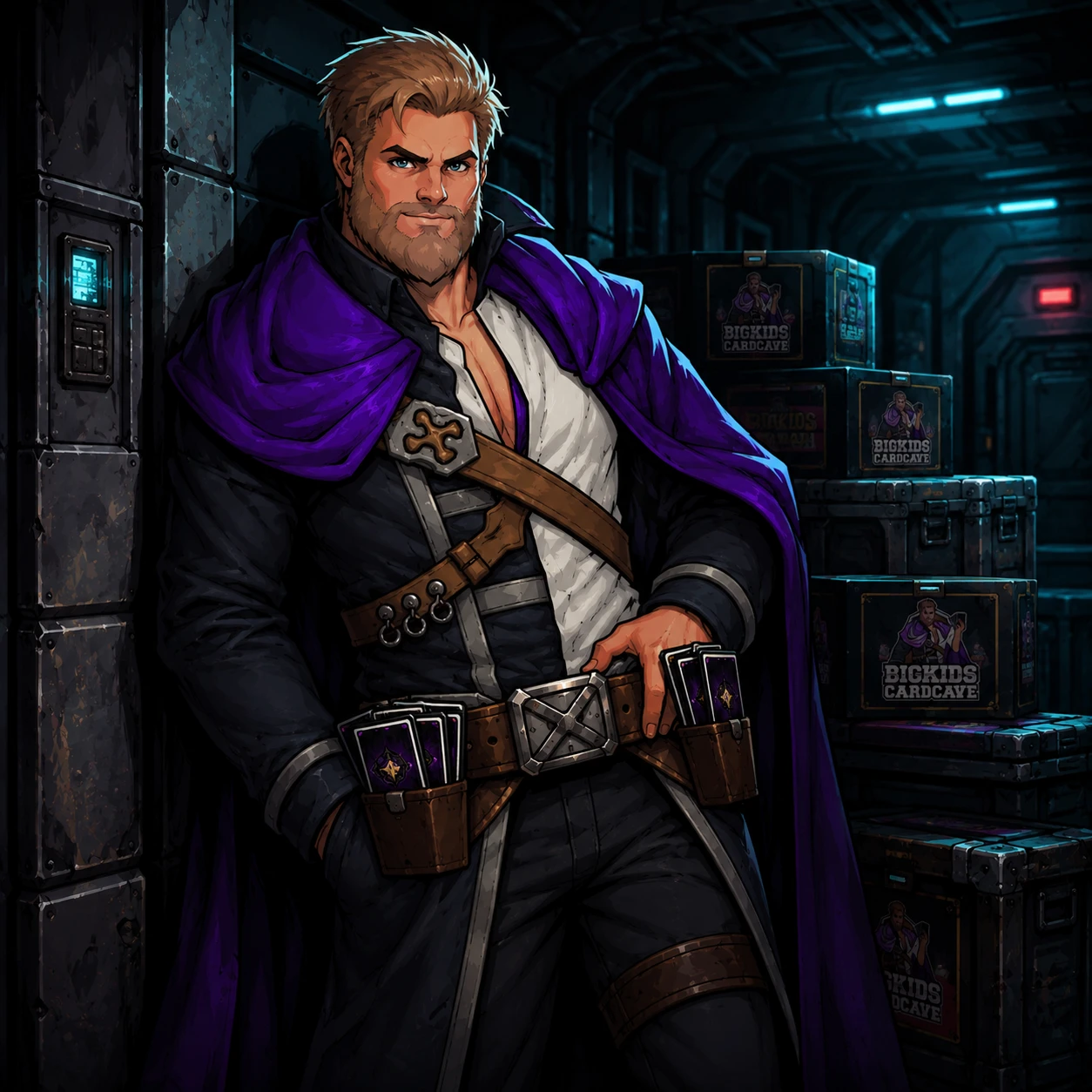 BKCC mascot — The Smuggler, leaning against stacked BKCC crates in a dark corridor