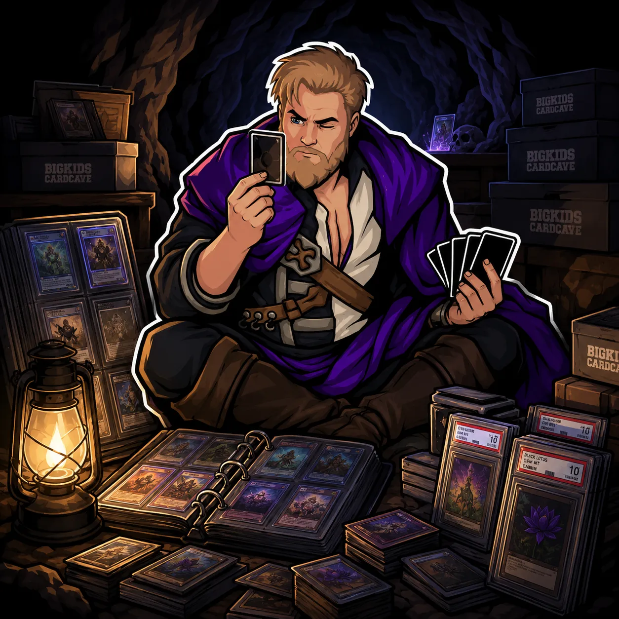 BKCC mascot — The Collector, surrounded by binders and PSA slabs in the Cave