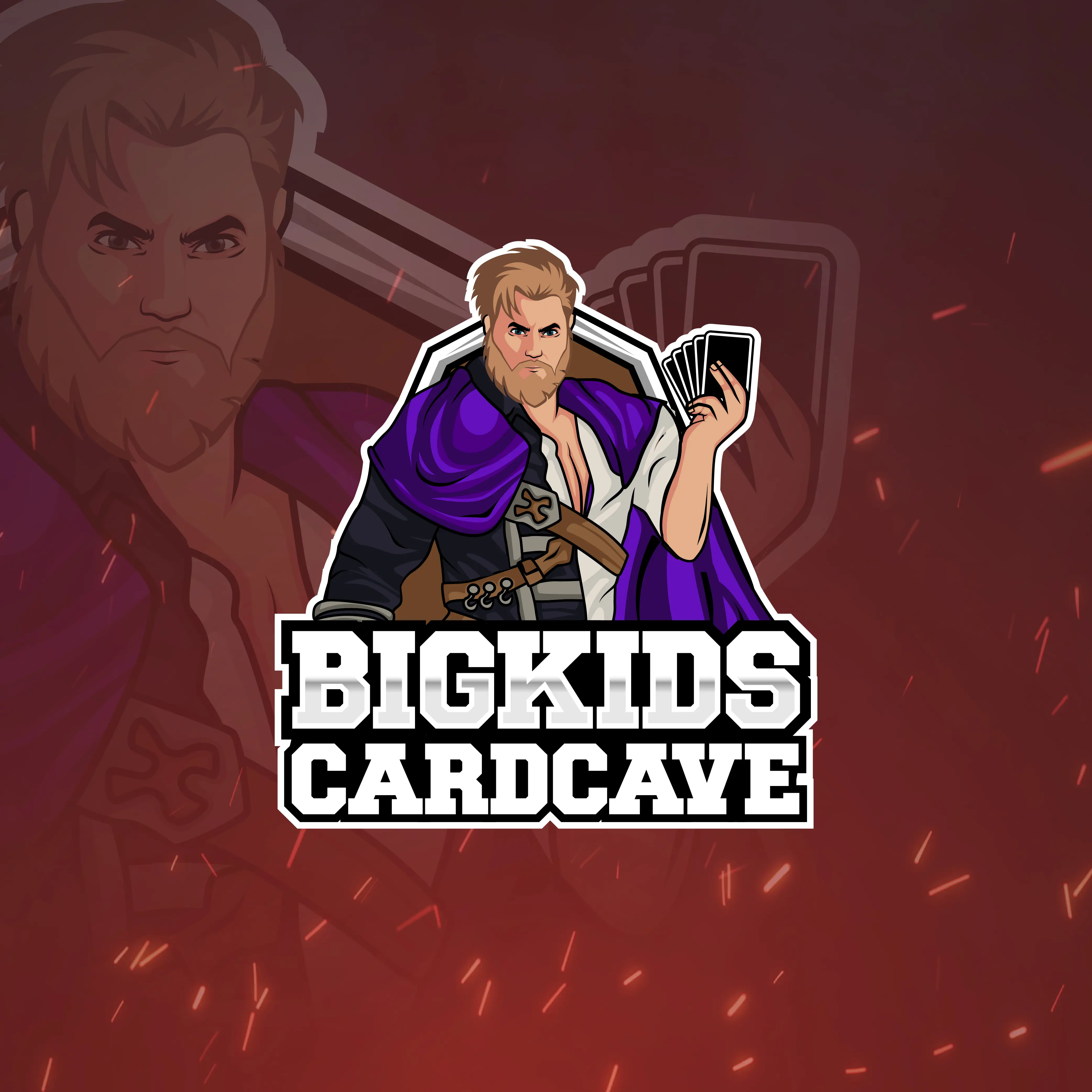 BKCC mascot — The Cave Warrior, dark red embers and sparks in the background